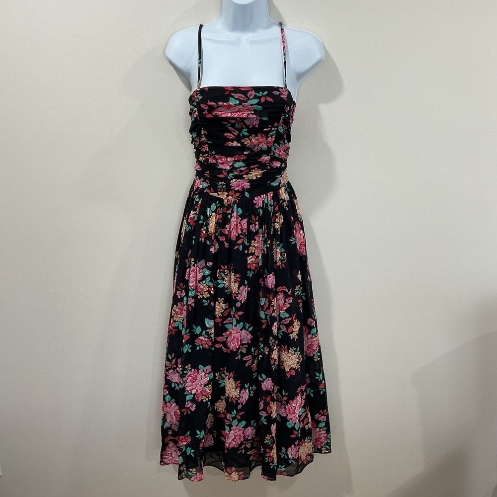 Vintage Laura‎ Ashley Midi Dress Size 8 Black Green Floral Ruched Cotton Cottage